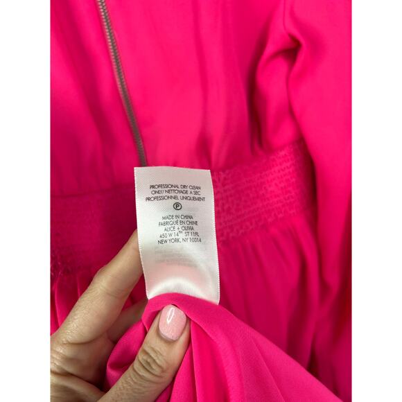 NWT Alice + Olivia Lavinia Smock Crepe Long Sleeve Fit & Flare Pink Mini Dress - Picture 8 of 10
